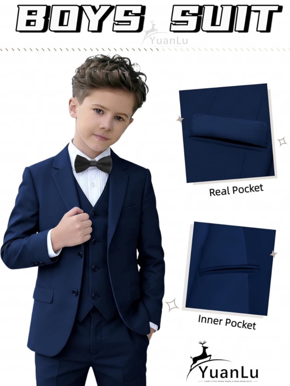 Worn1x Yuan Lu Boys Navy 3-Piece Tuxedo Suit - Size 3T & Shoes - Size 8 - Picture 4 of 10